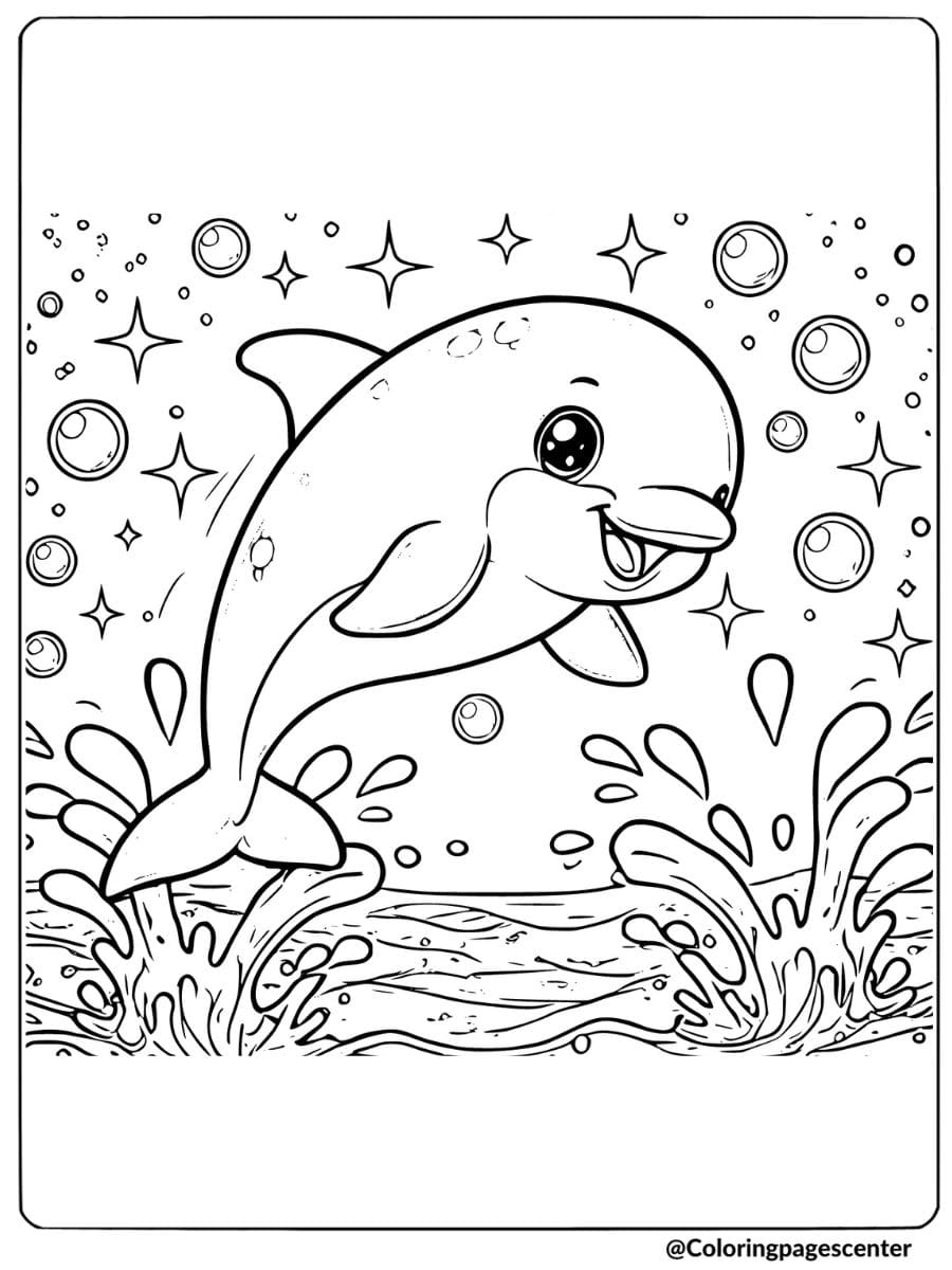 Coloring page of a cute dolphin splashing in water