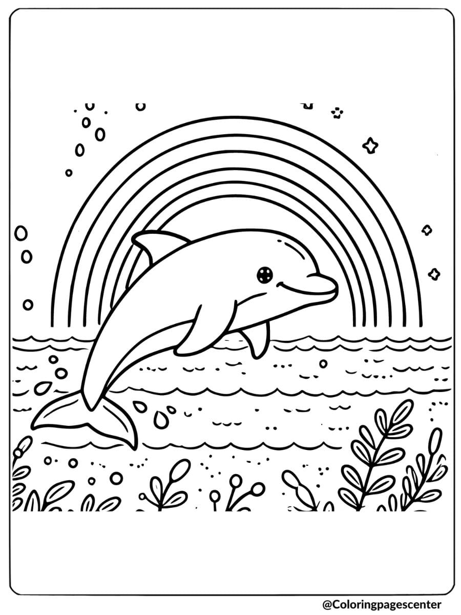 Coloring page of a cute dolphin under a rainbow