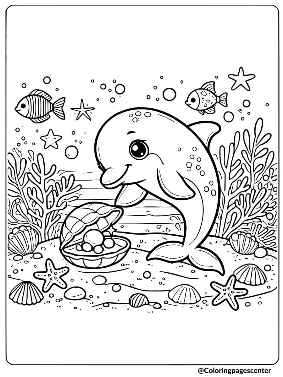 Coloring page of a cute dolphin discovering a pearl in a shell