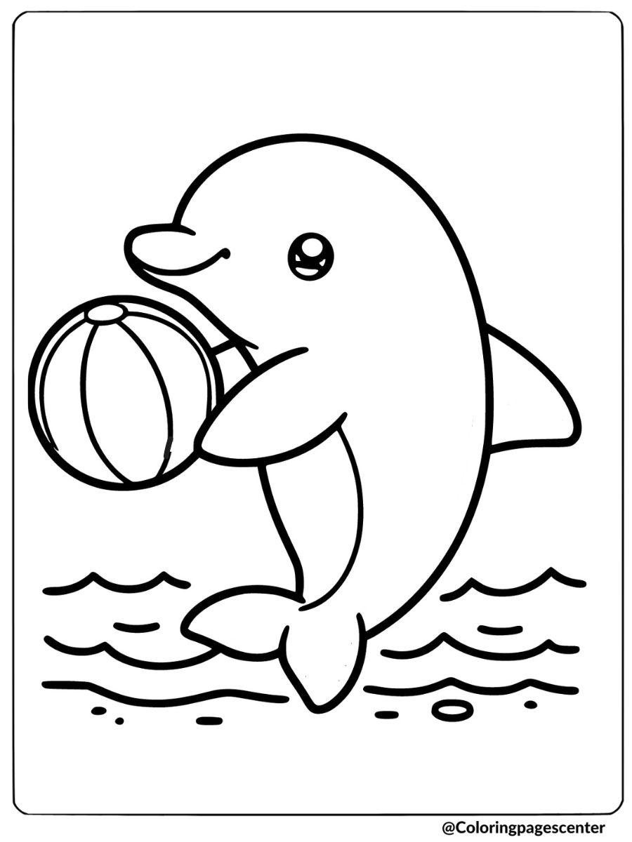 Coloring page of a cute dolphin with a beach ball