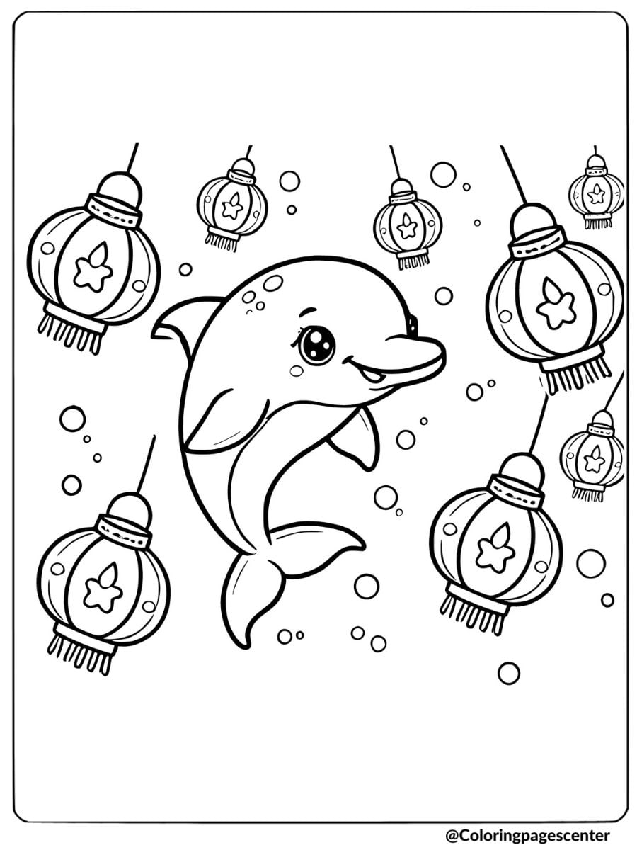 Coloring page of a cute dolphin swimming with lanterns