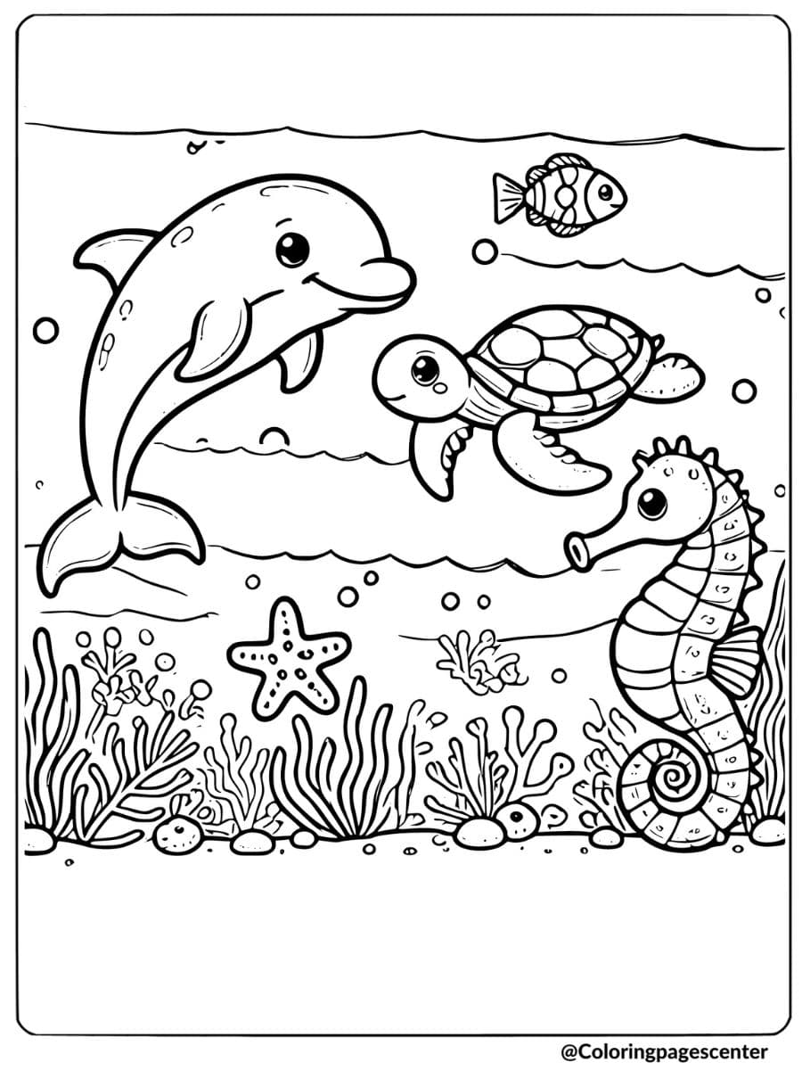 Coloring page of an cute dolphin with sea turtle and seahorse