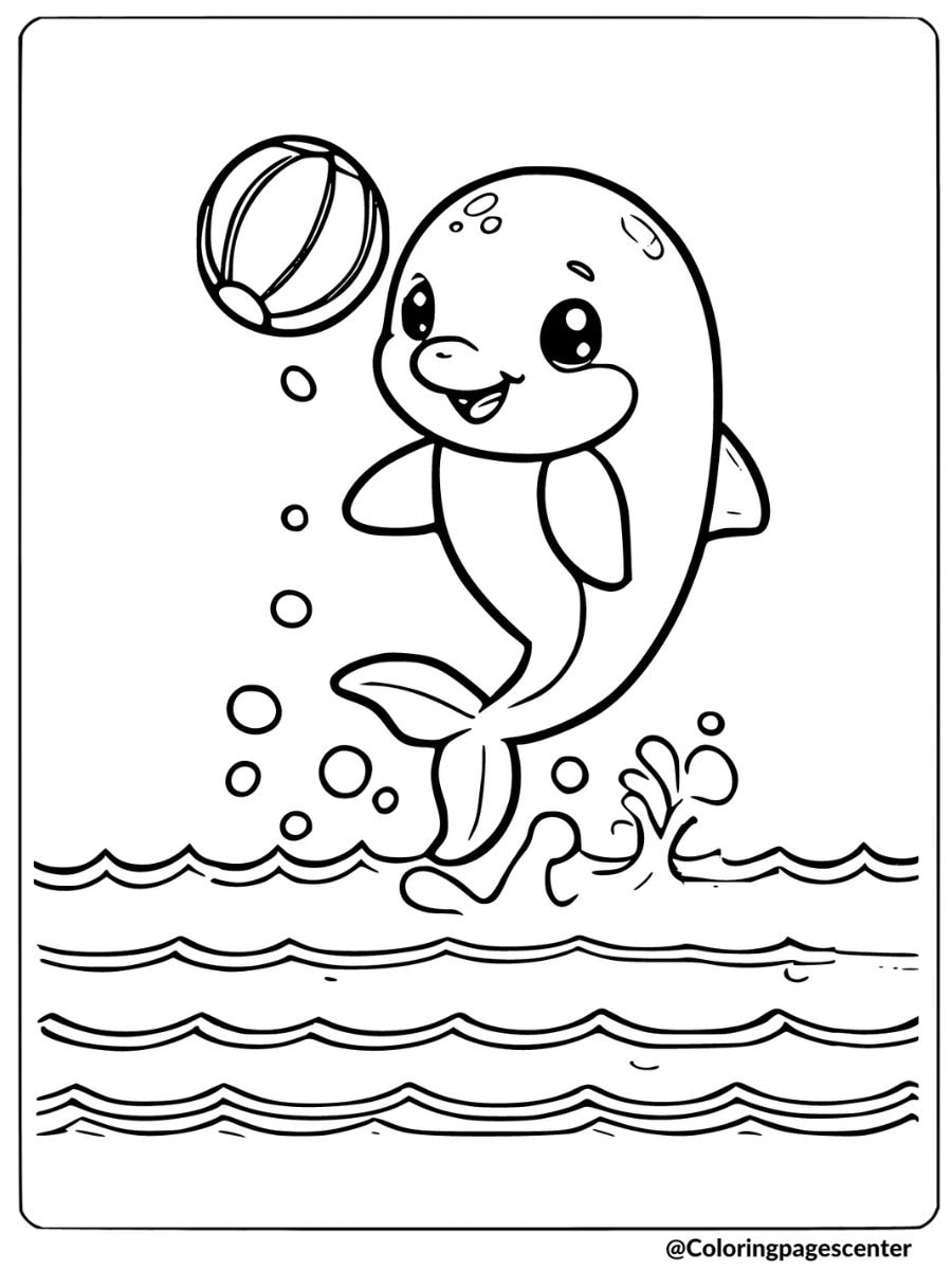 Cute dolphin happily playing with a ball in water coloring page