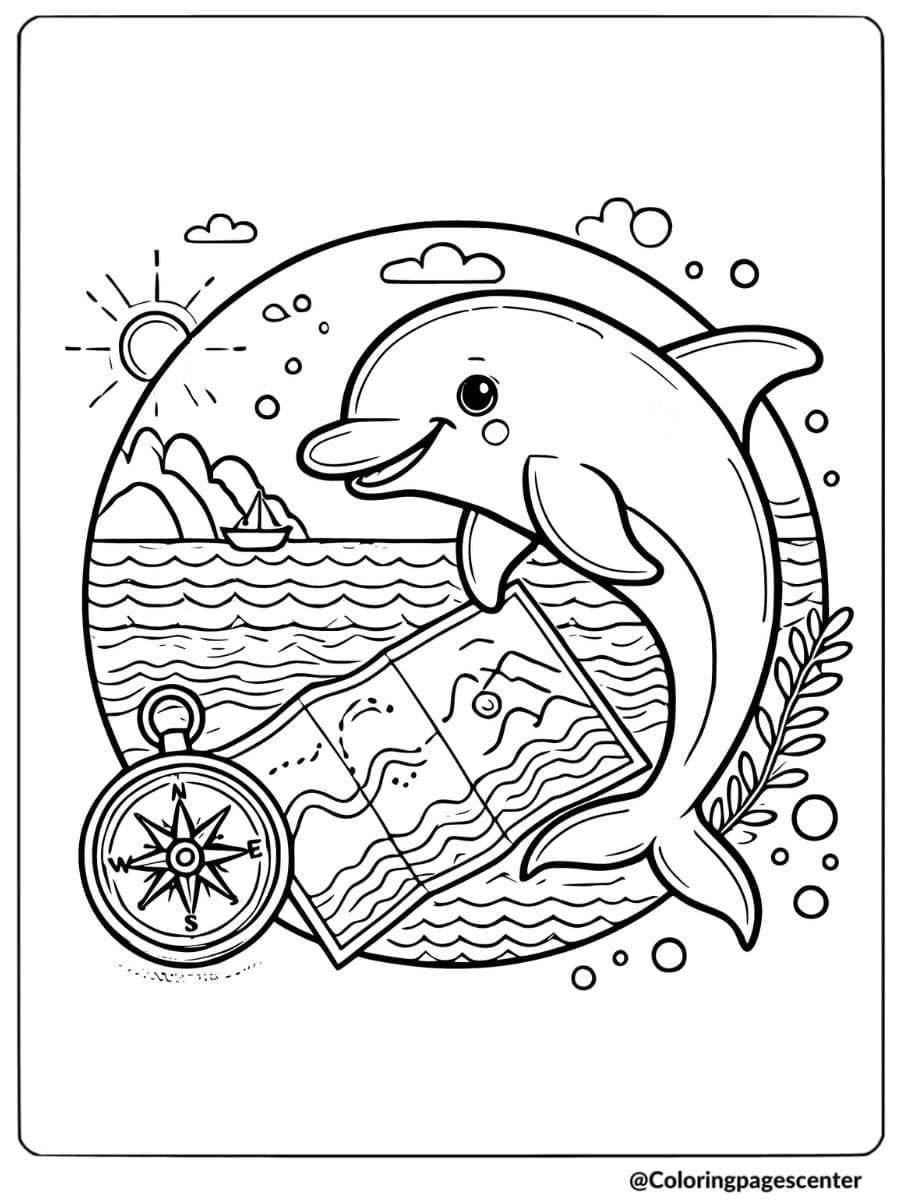 Adventurous dolphin with compass and map coloring page