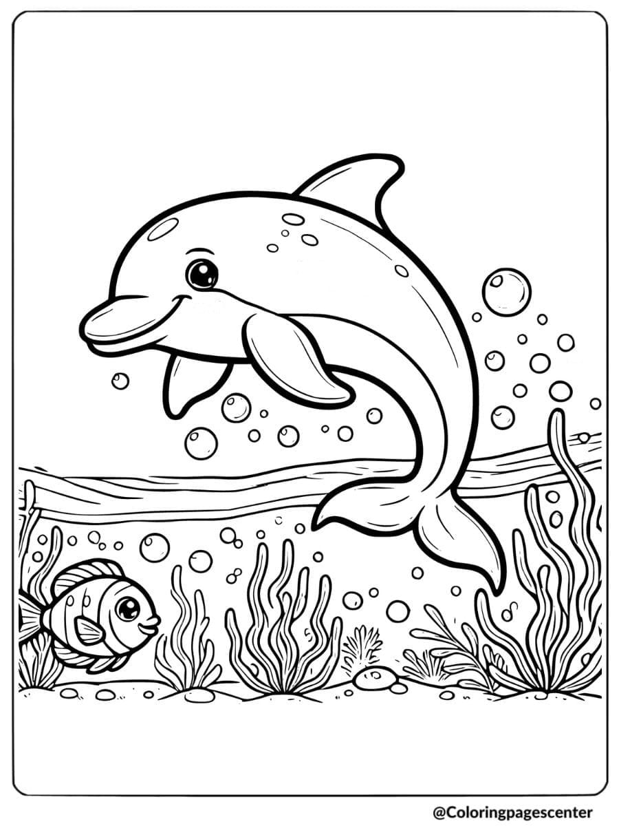 Dolphin and colorful fish in coral reef scene coloring page