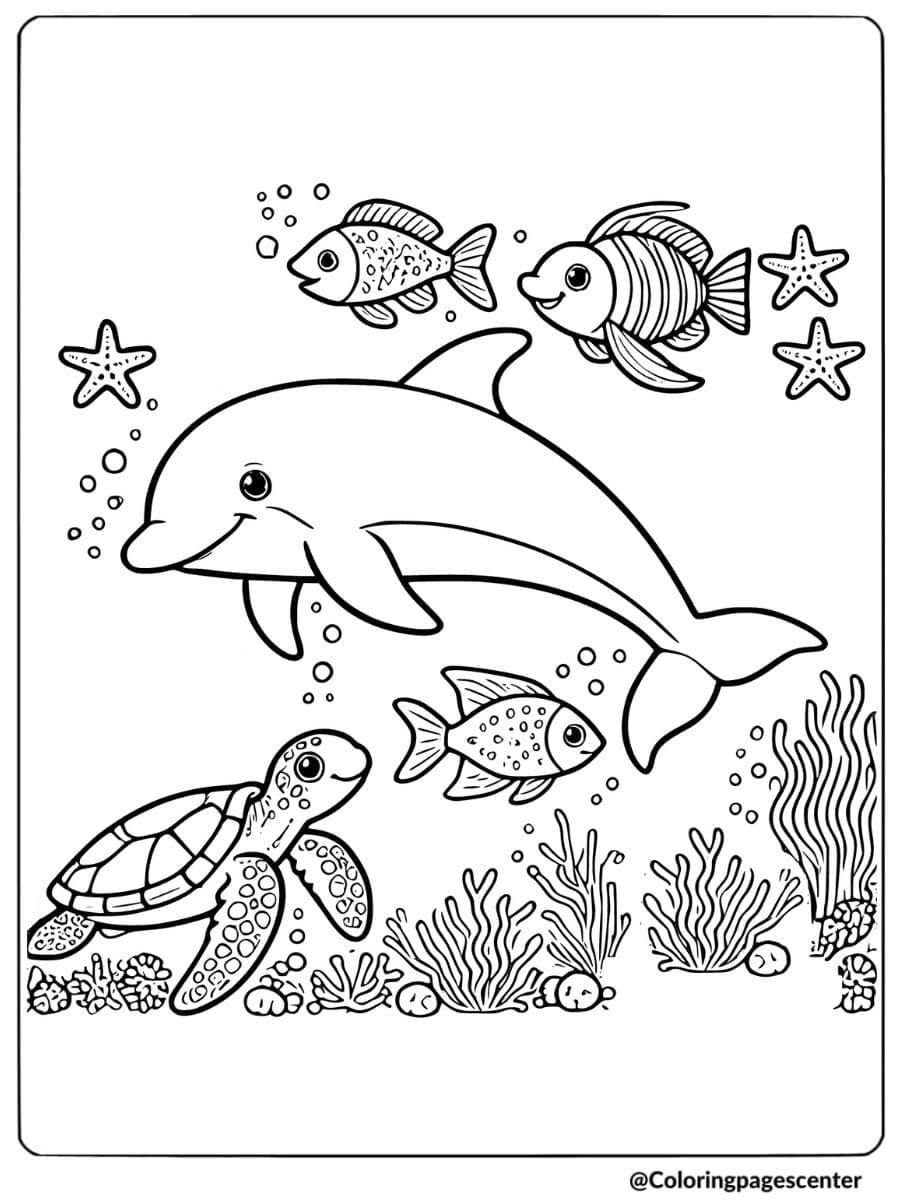 Dolphin exploring the ocean with sea turtles coloring page