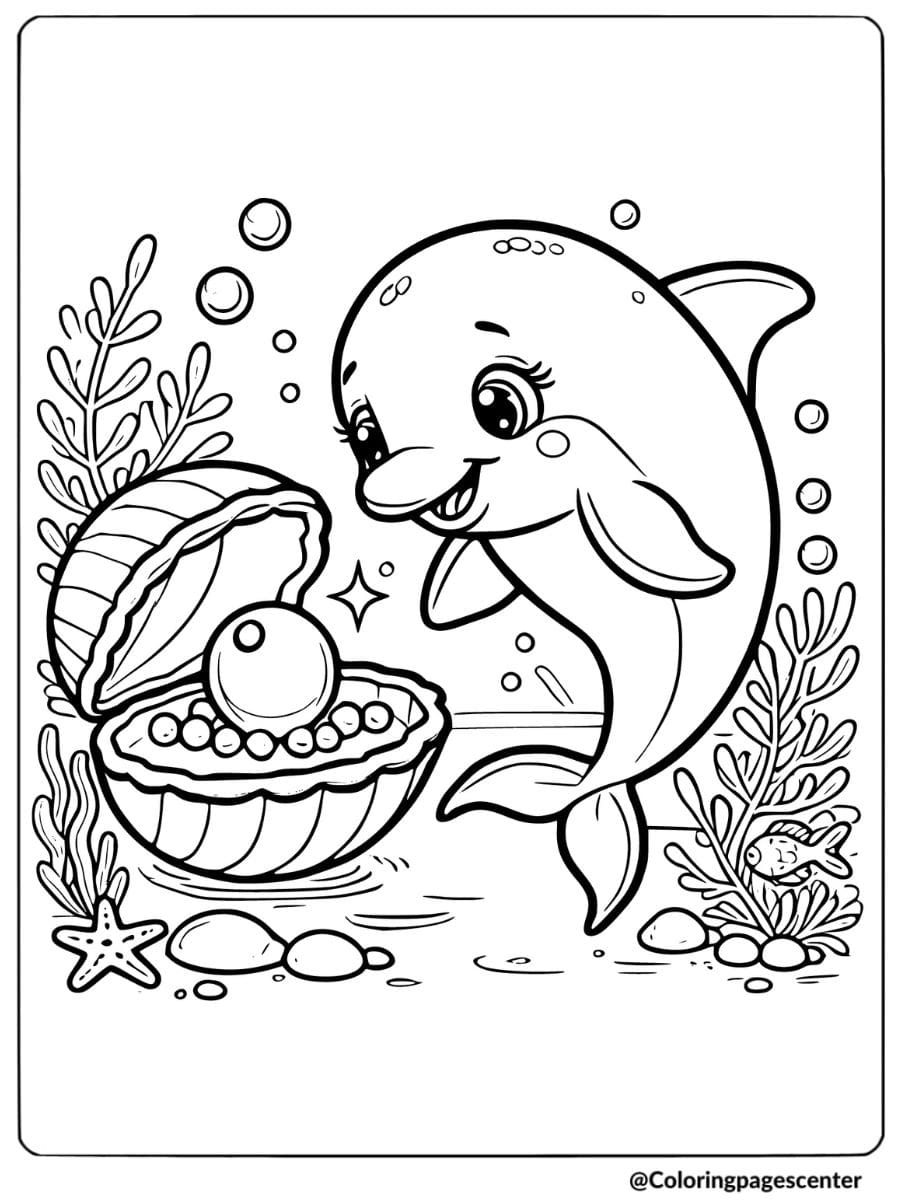 Cute dolphin discovering a pearl underwater coloring page