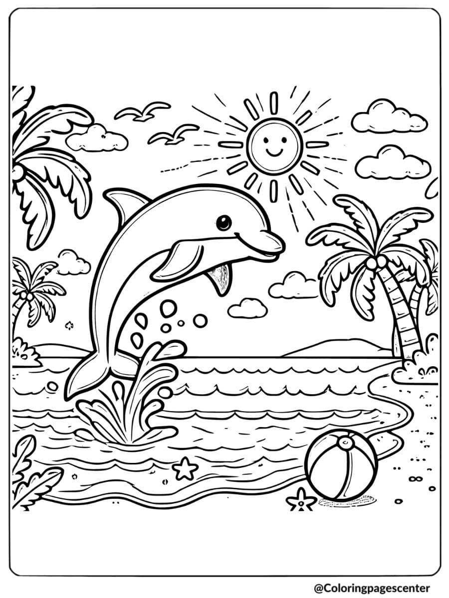 Happy dolphin leaping in ocean by palm trees coloring page