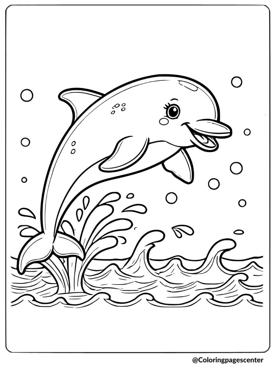 Playful dolphin jumping out of ocean waves coloring page