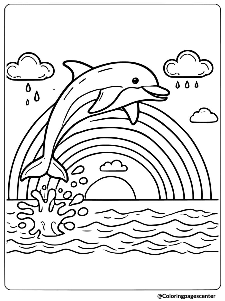 Happy dolphin leaping above ocean waves and rainbow coloring page