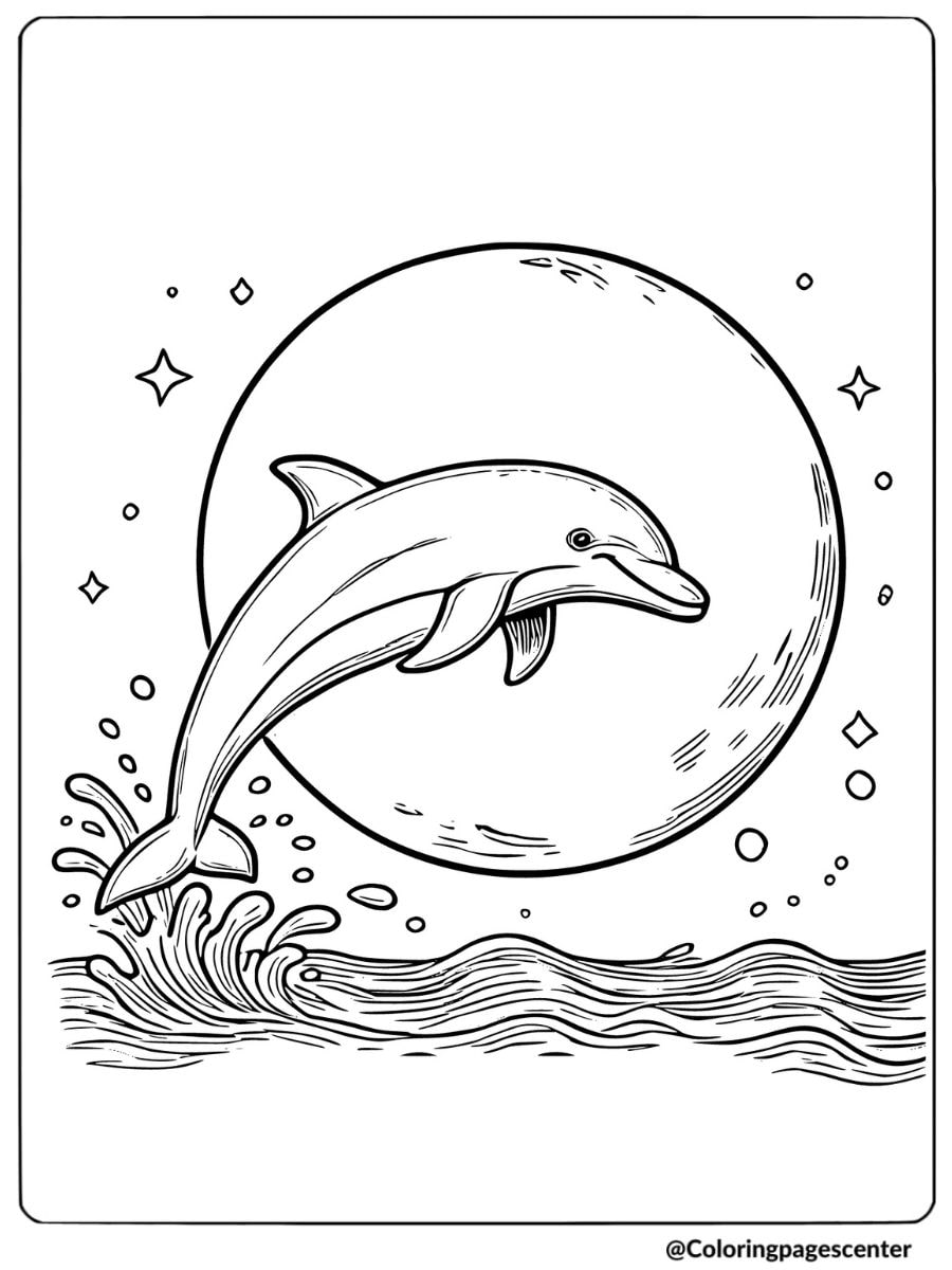 Dolphin jumping under the moon in the ocean coloring page