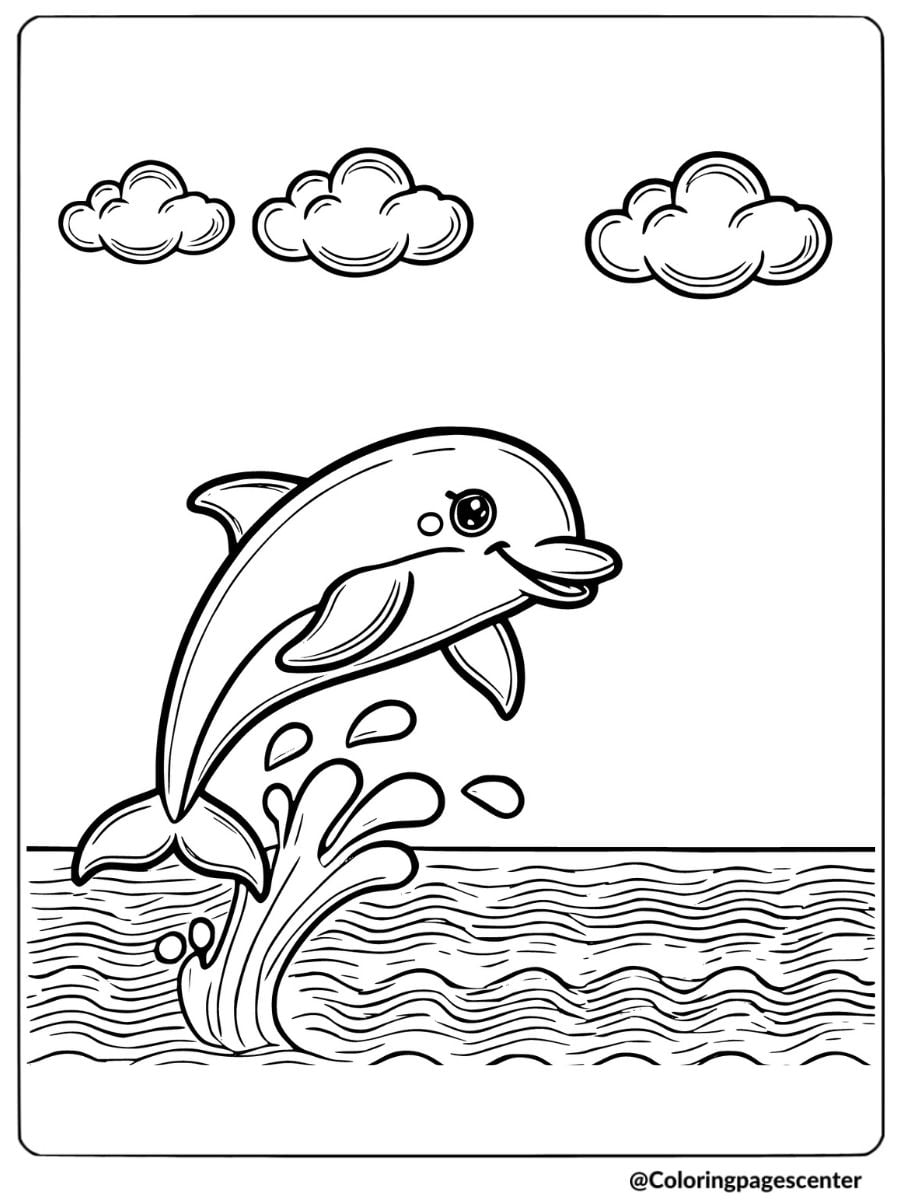 Dolphin leaping high above the ocean with clouds coloring page