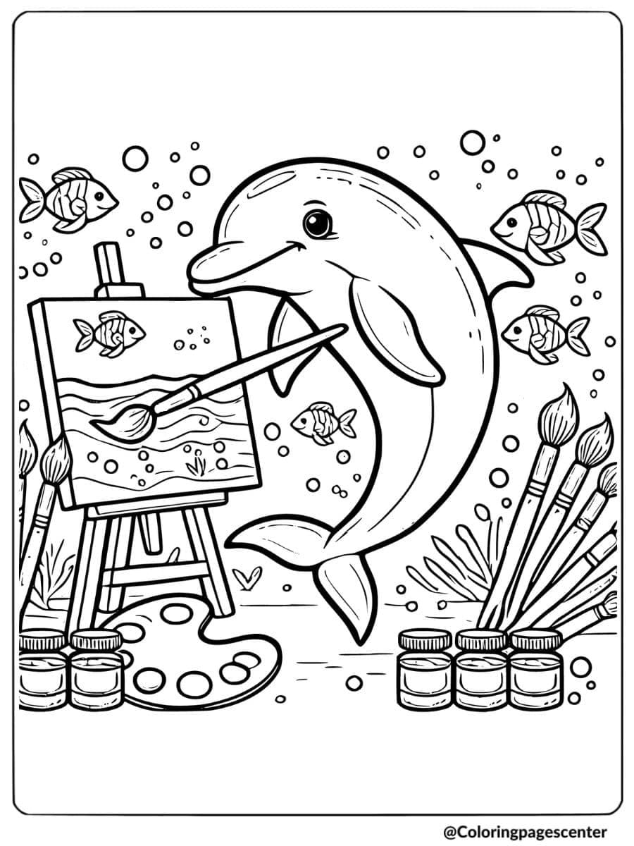 Artistic dolphin painting underwater with fishes coloring page