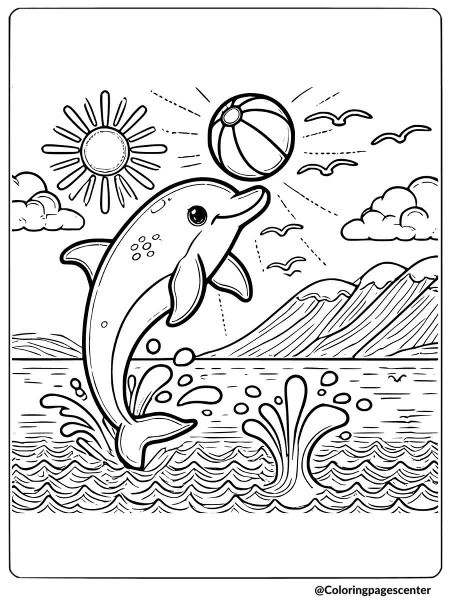 Playful dolphin bouncing a ball in the sea coloring page