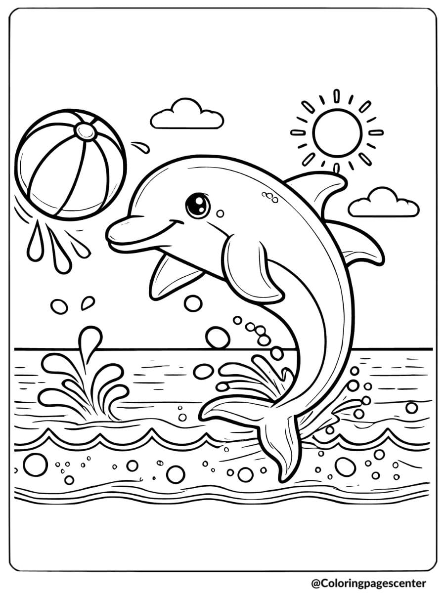 Happy dolphin bouncing a ball in the ocean coloring page