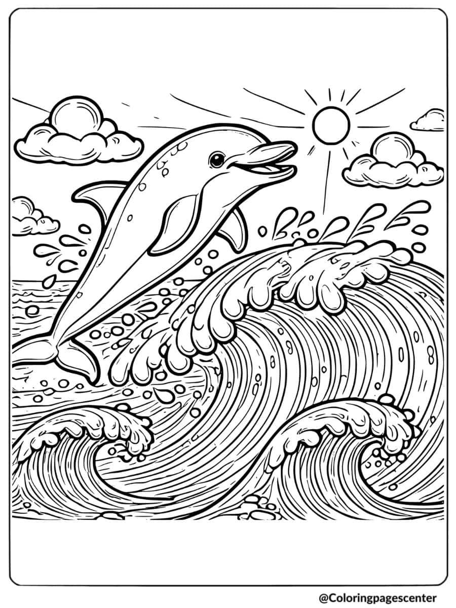 Excited dolphin riding big ocean waves coloring page