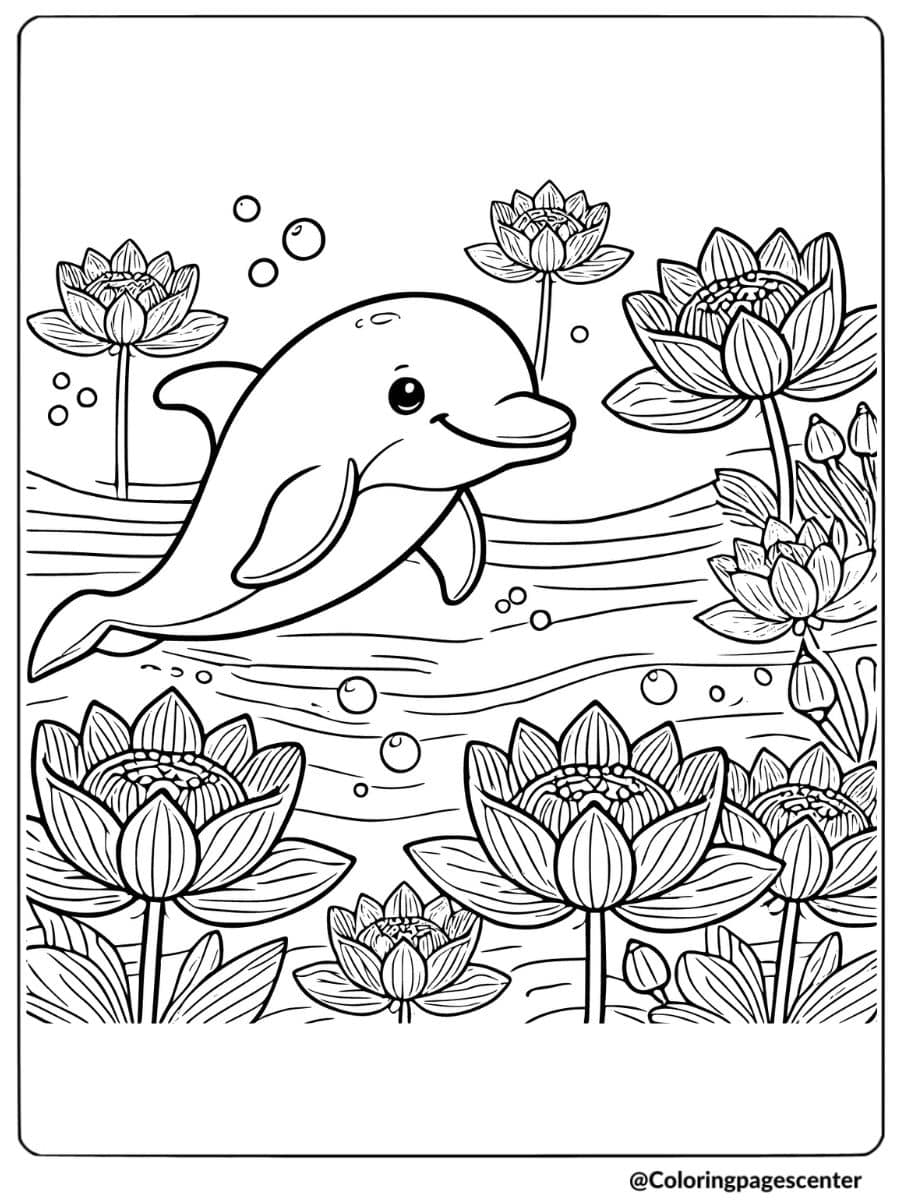 Dolphin swimming around blooming lotus flowers coloring page