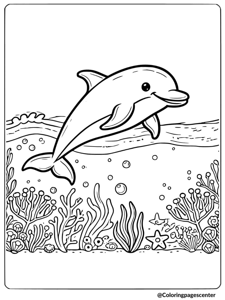 Ocean dolphin gliding through coral reefs coloring page