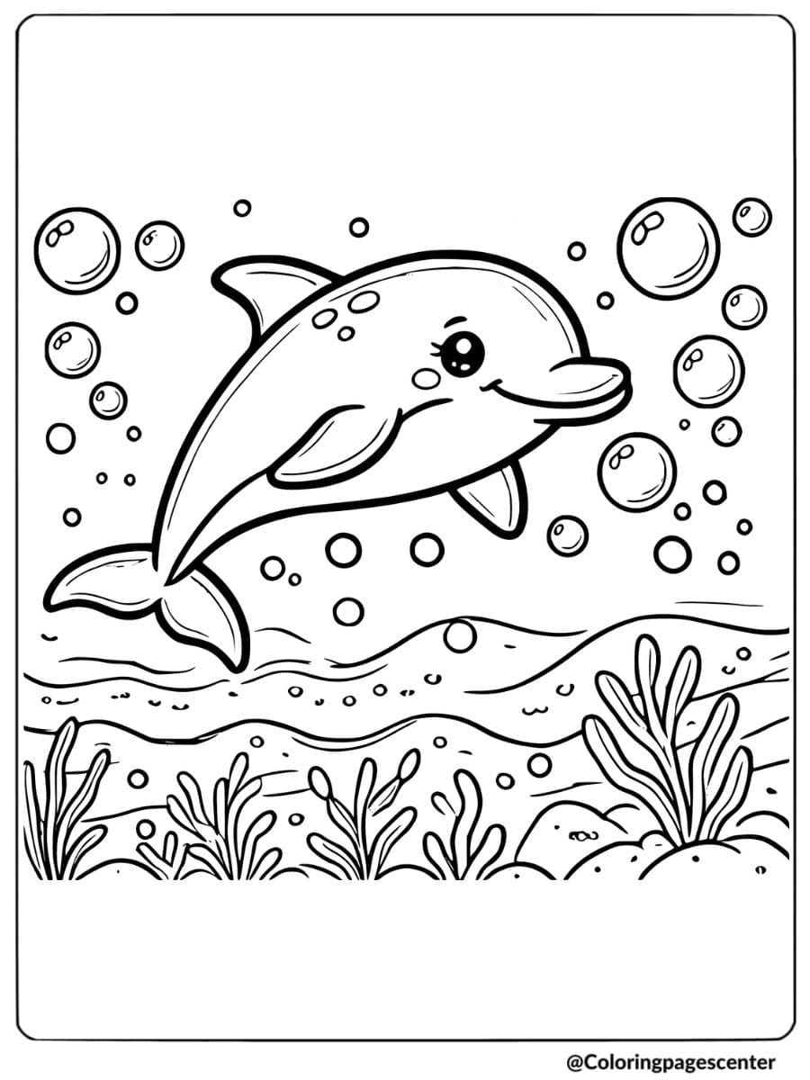 Dolphin surrounded by bubbles in the sea coloring page