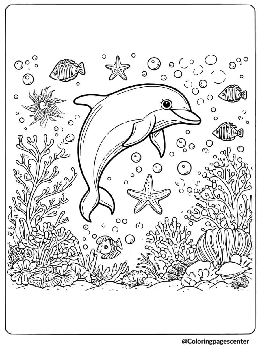 Dolphin swimming among fish and starfish underwater coloring page