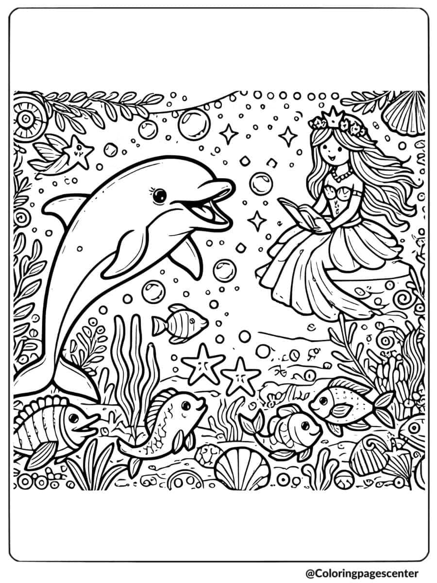 Friendly dolphin and mermaid reading underwater coloring page