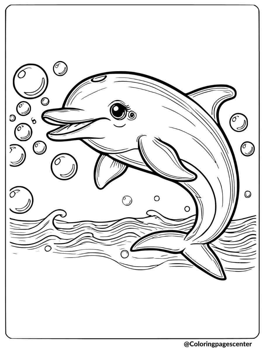 Dolphin playing in the sea with lots of bubbles coloring page