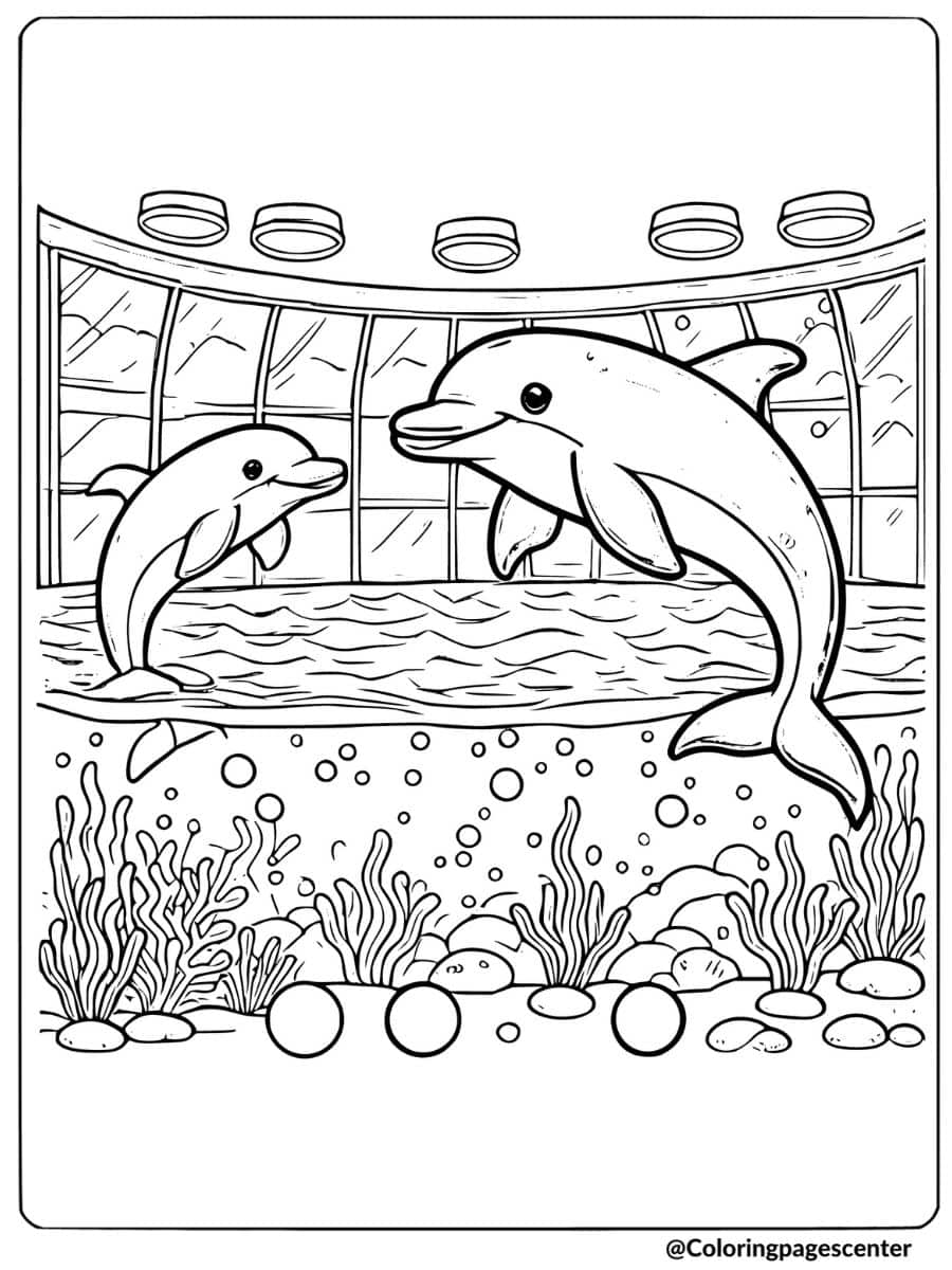 Dolphins in an aquarium exhibit with plants coloring page