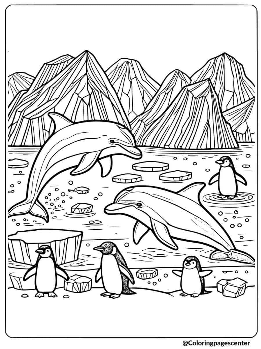 Coloring page of dolphins and penguins in the Arctic