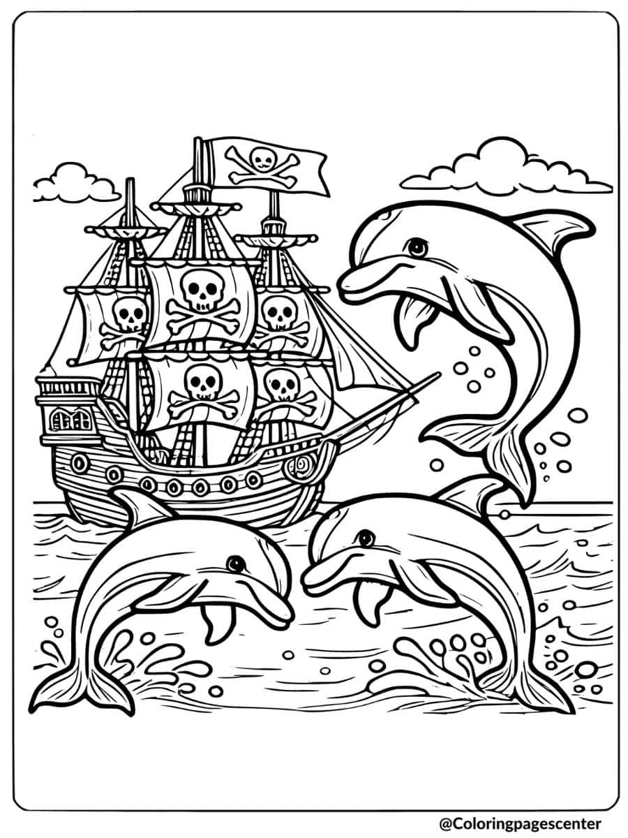 Coloring page of dolphins with a pirate ship in the background