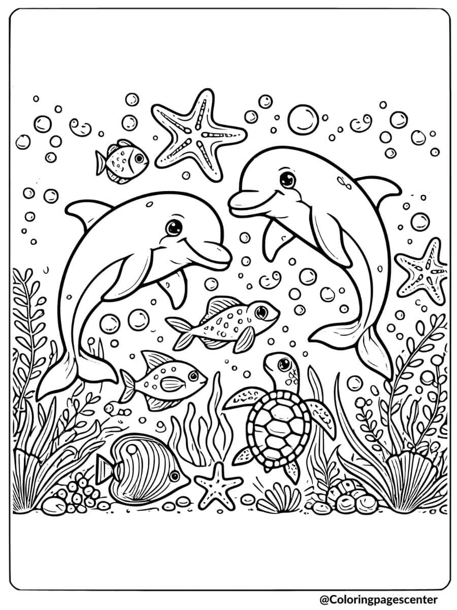 Coloring page of dolphins with sea creatures in the ocean