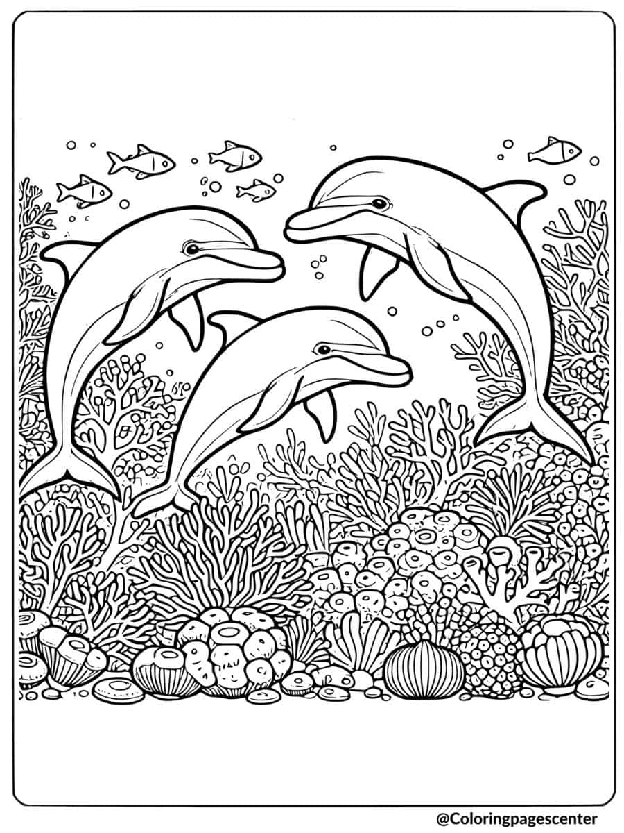 Coloring page of dolphins swimming in a coral reef