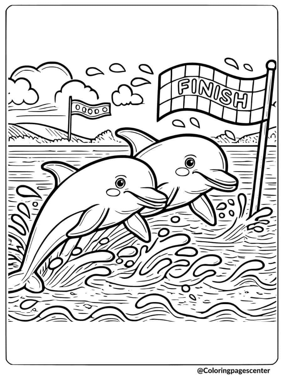 Coloring page of dolphins racing to the finish line