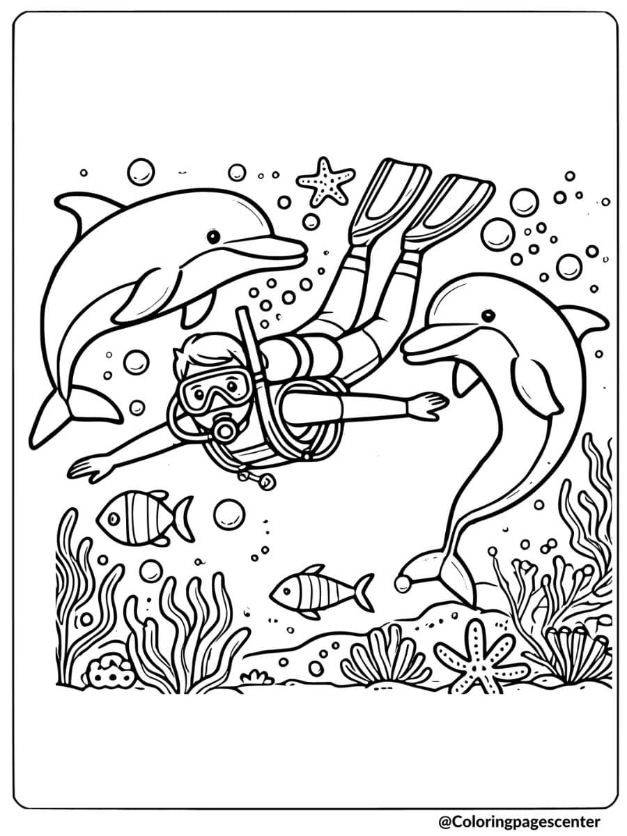 Coloring page of dolphins and a diver underwater