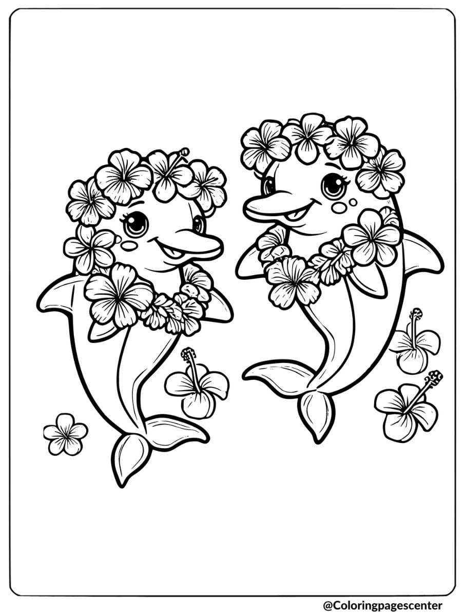 Coloring page of dolphins wearing flower leis