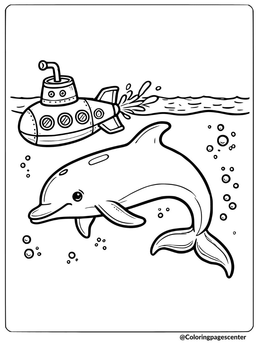 Easy dolphin and submarine coloring page for children