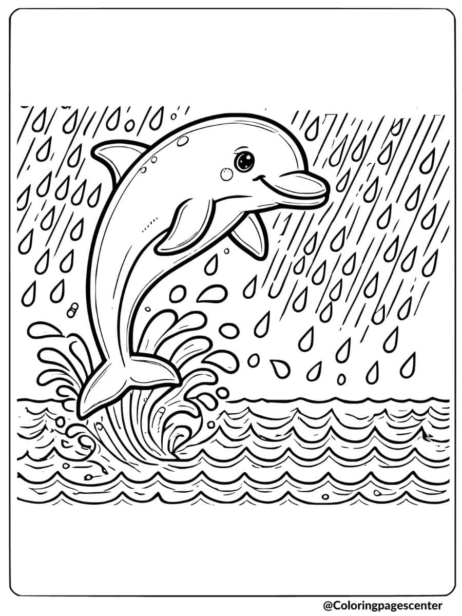 Easy dolphin in the rain coloring page for children