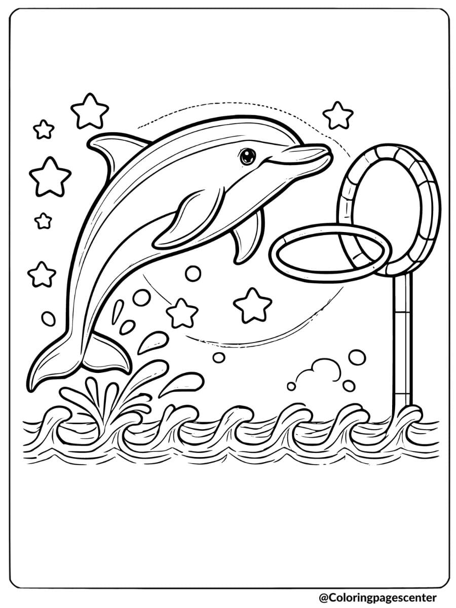 Easy dolphin jumping through hoop coloring page for children