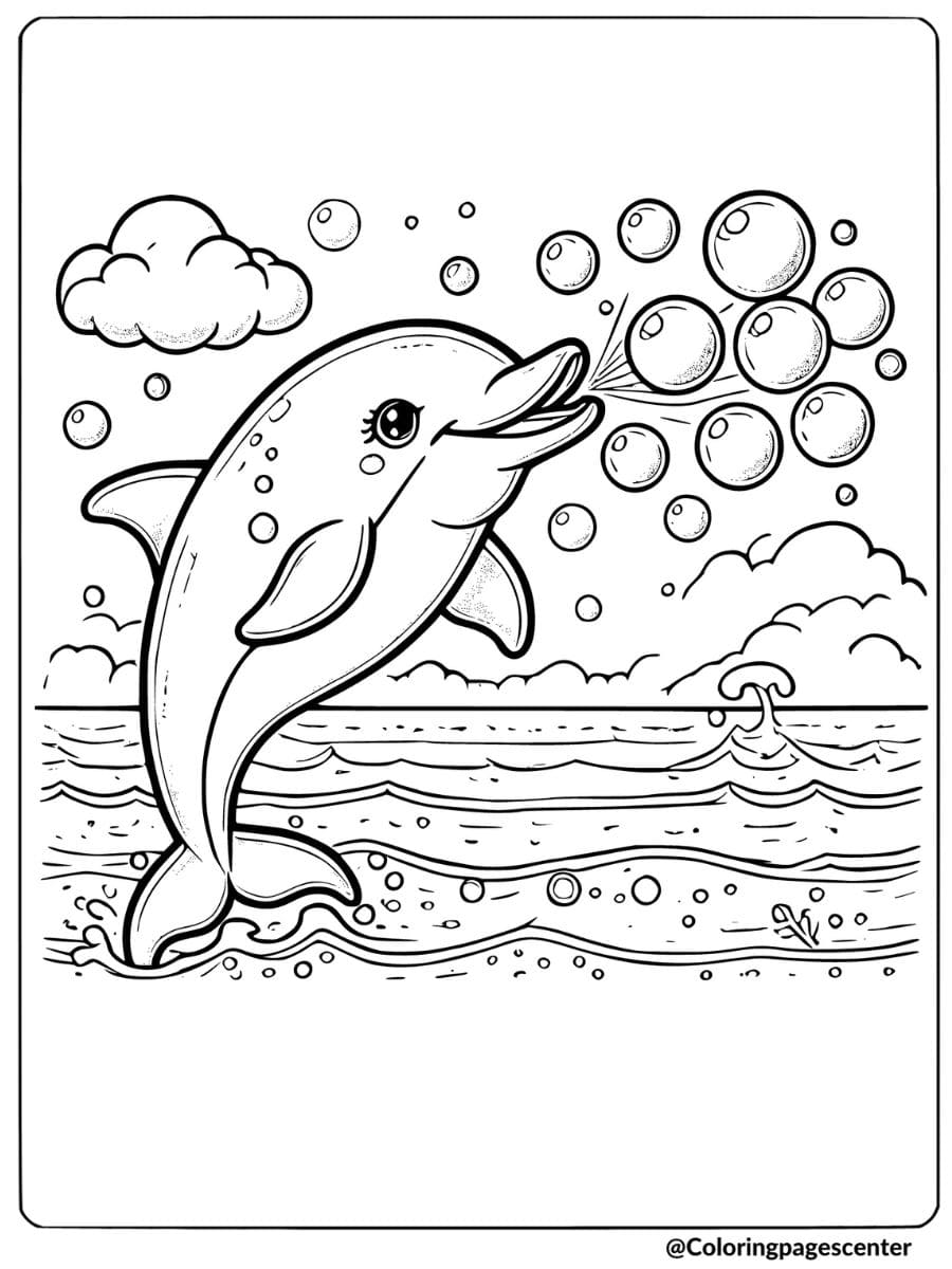 Simple dolphin blowing bubbles coloring page for kids