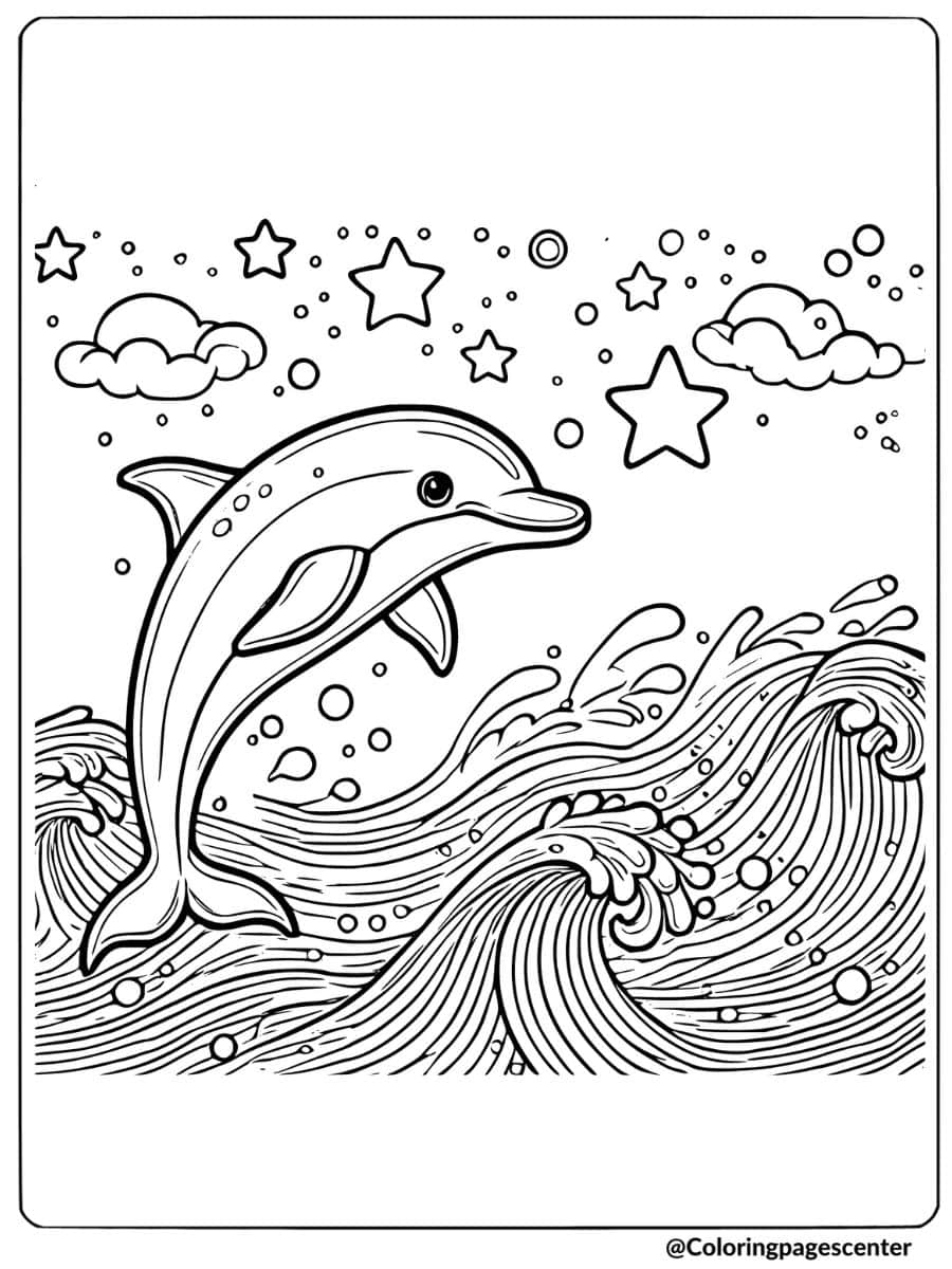 Simple dolphin in waves with stars coloring page for kids