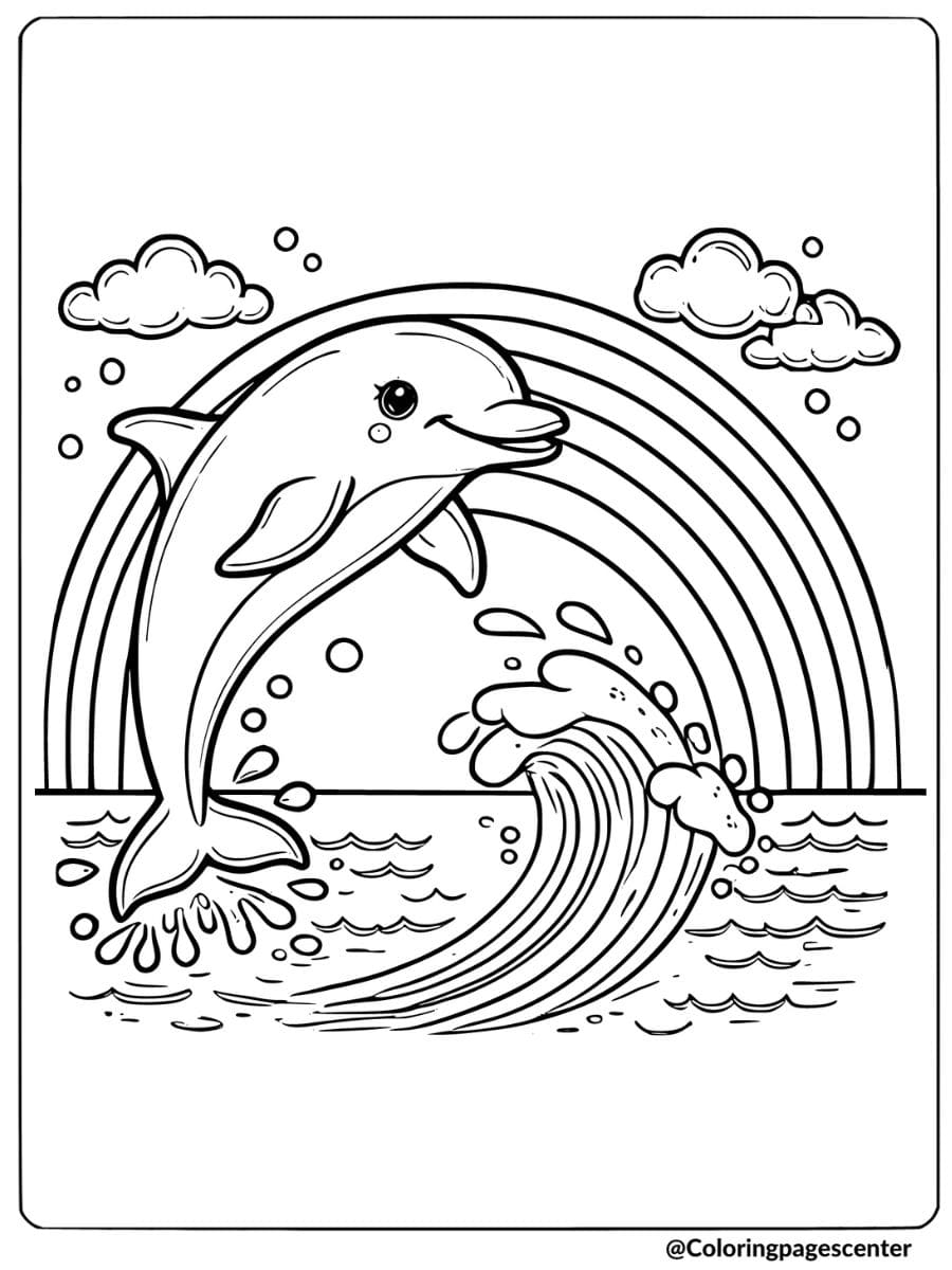 Simple dolphin jumping with rainbow coloring page for kids