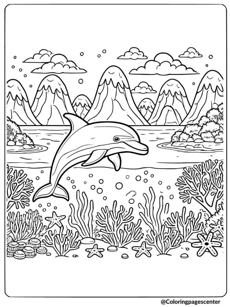 Simple dolphin underwater scene coloring page for kids