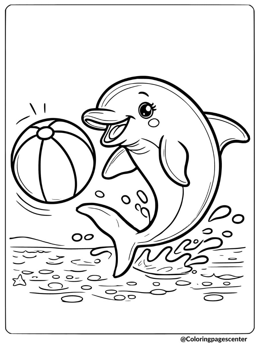 Easy coloring page of a dolphin with a beach ball in the ocean