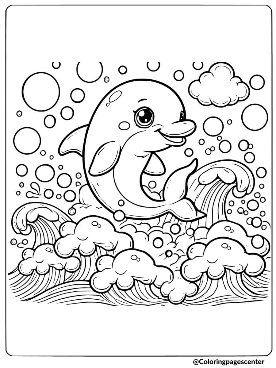 Cheerful dolphin in waves filled with bubbles coloring page