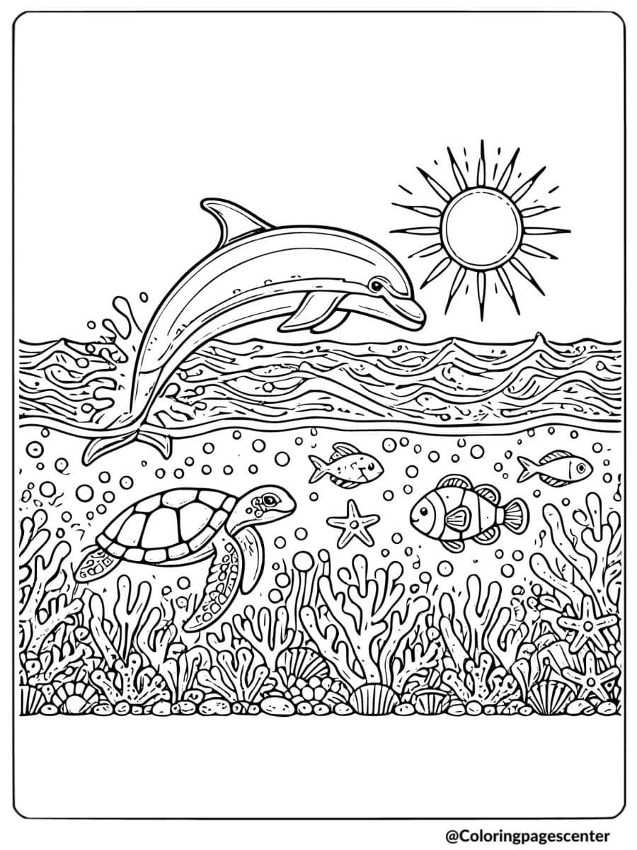 Cute dolphin discovering a pearl underwater coloring page