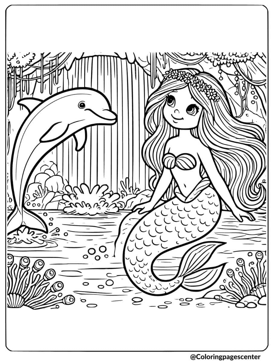 Mermaid sitting by a waterfall with a friendly dolphin coloring page