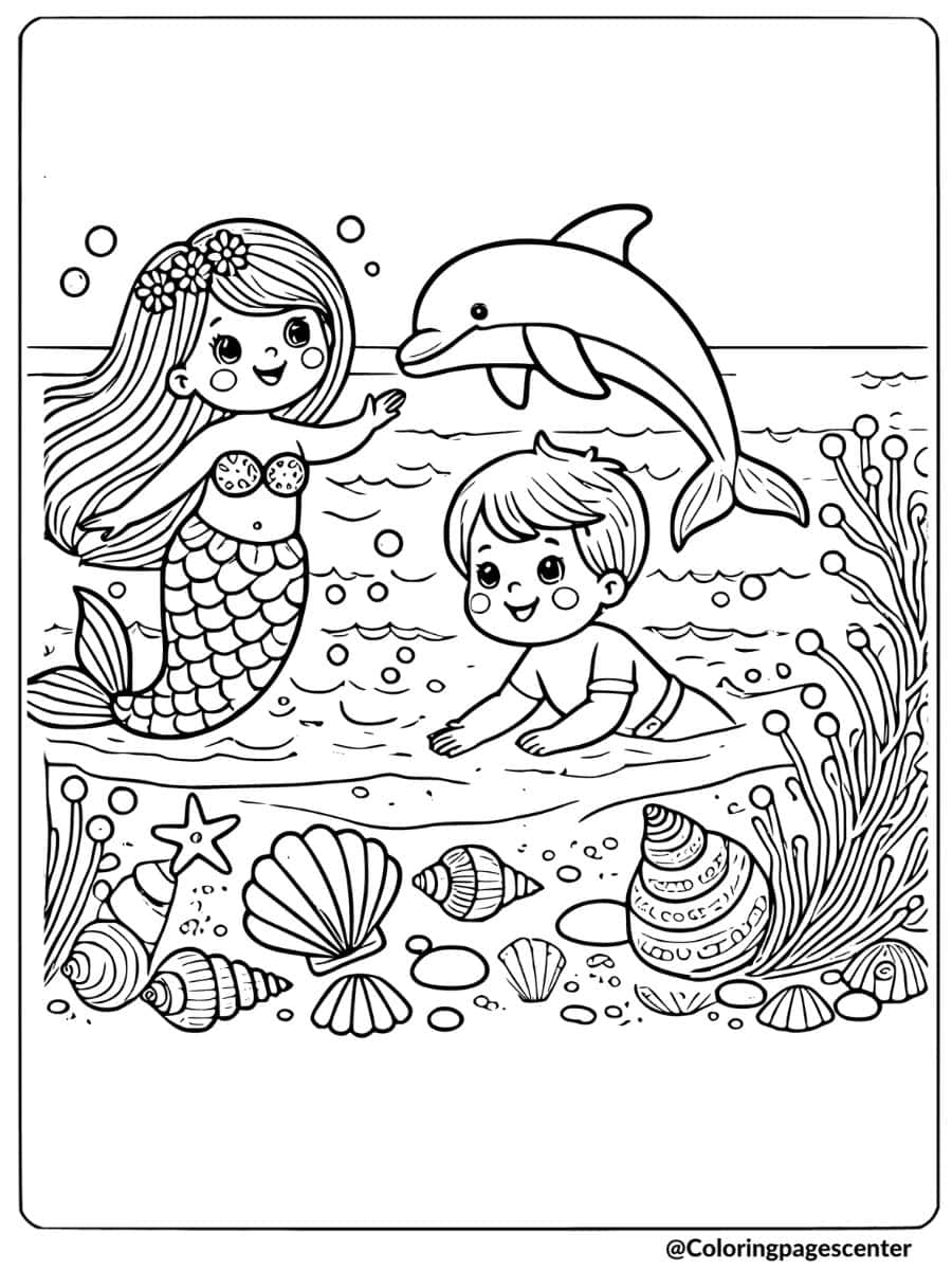 Mermaid and boy playing with dolphin coloring page