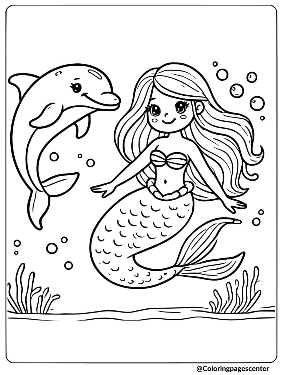 Mermaid swimming with dolphin coloring page