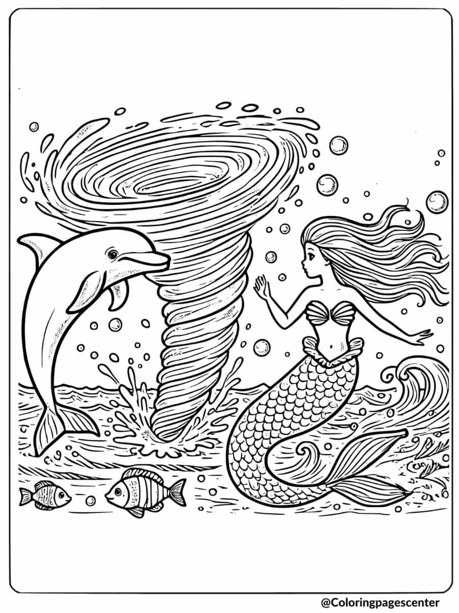 Mermaid and dolphin near whirlpool coloring page