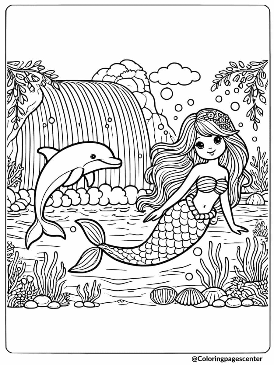 Mermaid and dolphin near waterfall coloring page