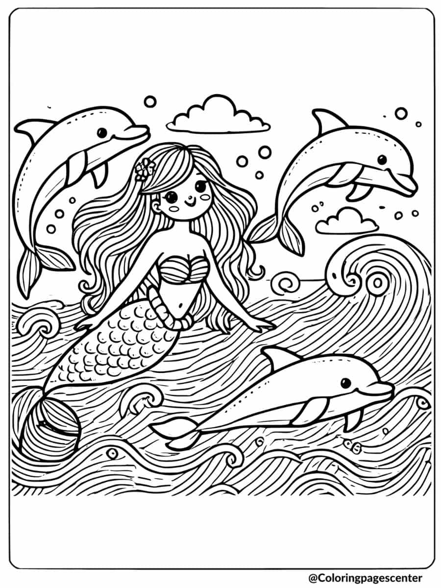 Mermaid swimming in waves with dolphins coloring page